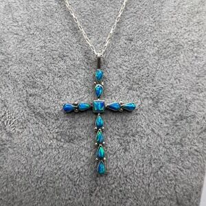 Signed Sterling Silver Cross Pendant Necklace Blue Lab Opal 24in Paperclip Chain